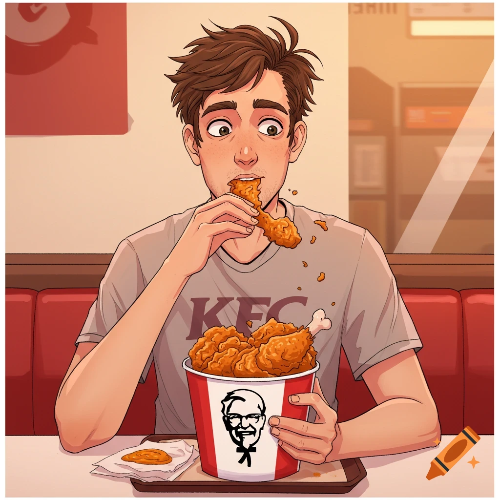Illustration of a person eating KFC fried chicken from a bucket.