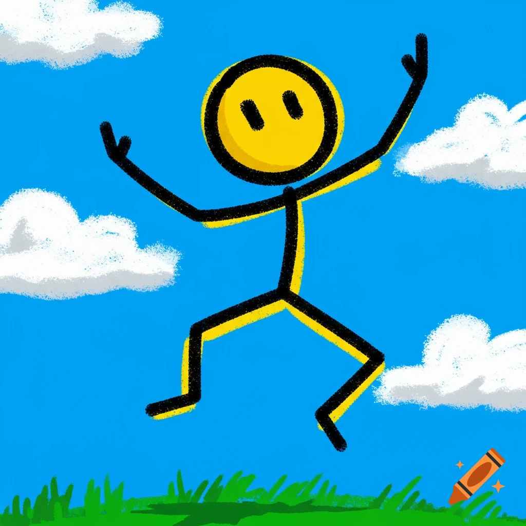 Yellow stick figure jumping under a blue sky with clouds and grass.