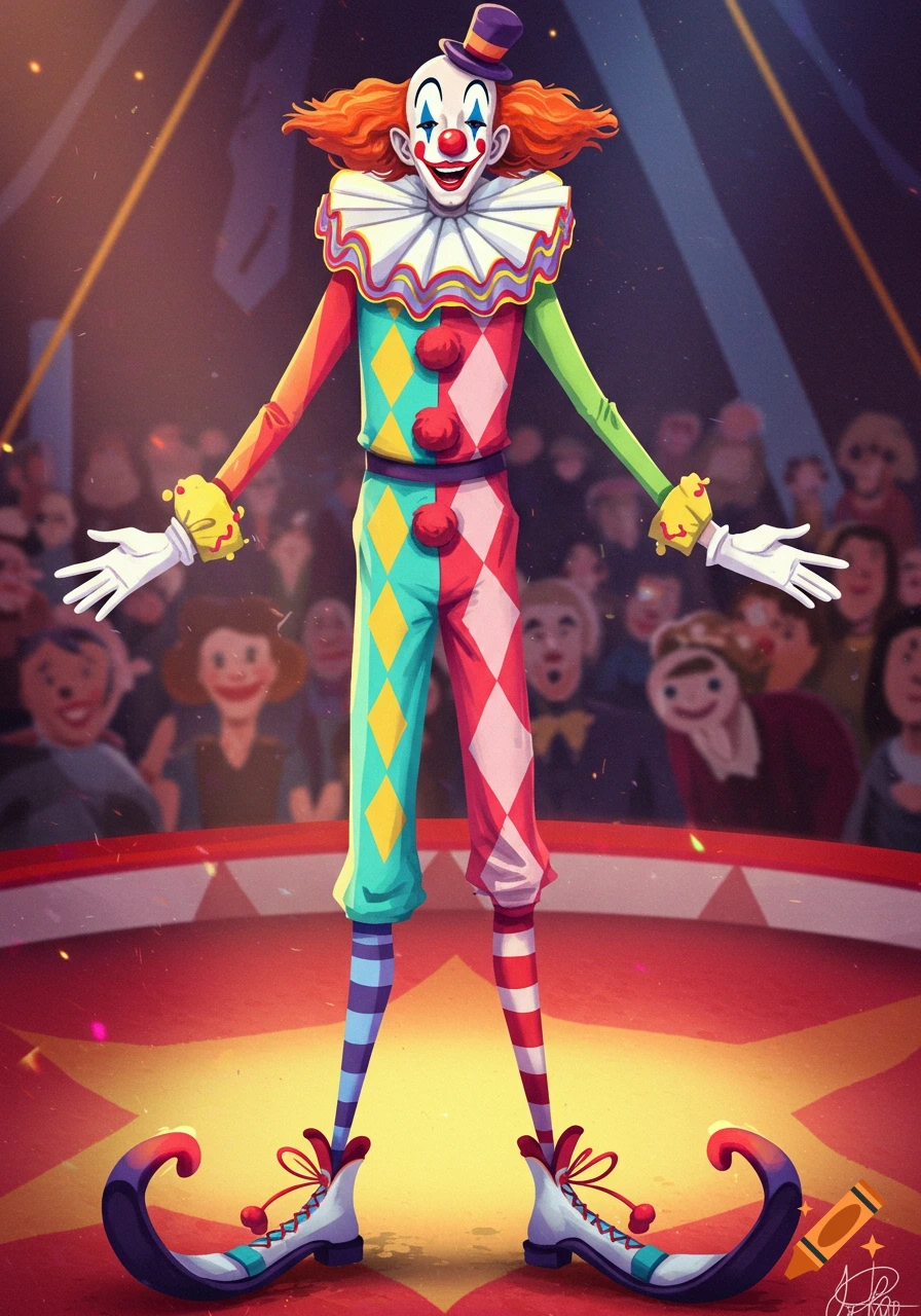 A tall, slender clown in a colorful harlequin costume stands on a circus stage before an audience in an illustrative style.