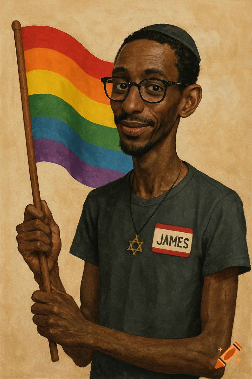 Painting of a Black man with glasses and a kippah, holding a pride flag. He wears a Star of David necklace and a name tag that says JAMES.