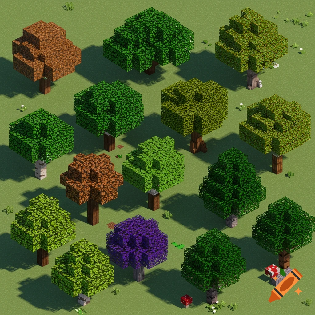 A selection of voxel trees in the style of Minecraft