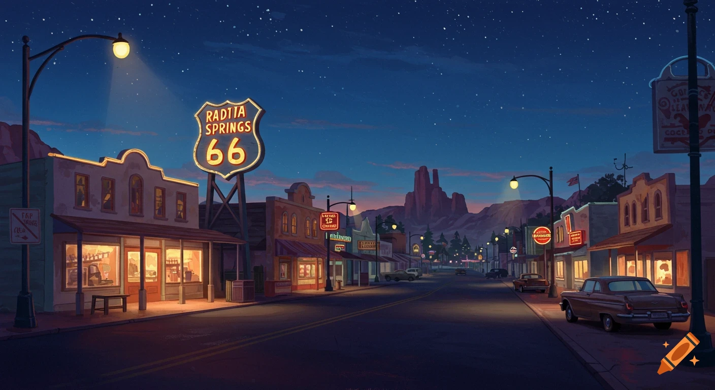 Cartoon street scene of Radiator Springs at night with lit buildings and classic cars.