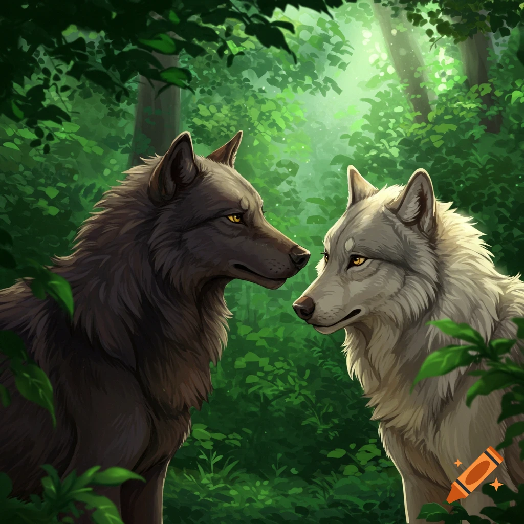 Two wolves looking at each other in a forest clearing, illustrative style.