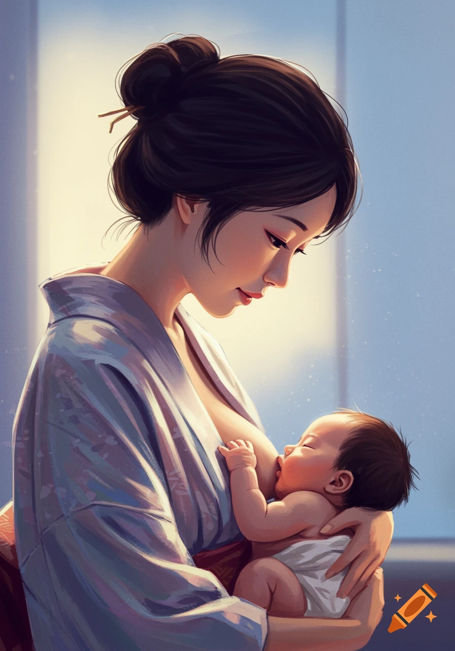 An illustration of a mother breastfeeding her baby in a gentle, artistic style.