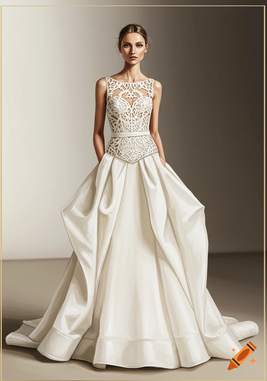 A woman in a white wedding dress with an intricate lace bodice.