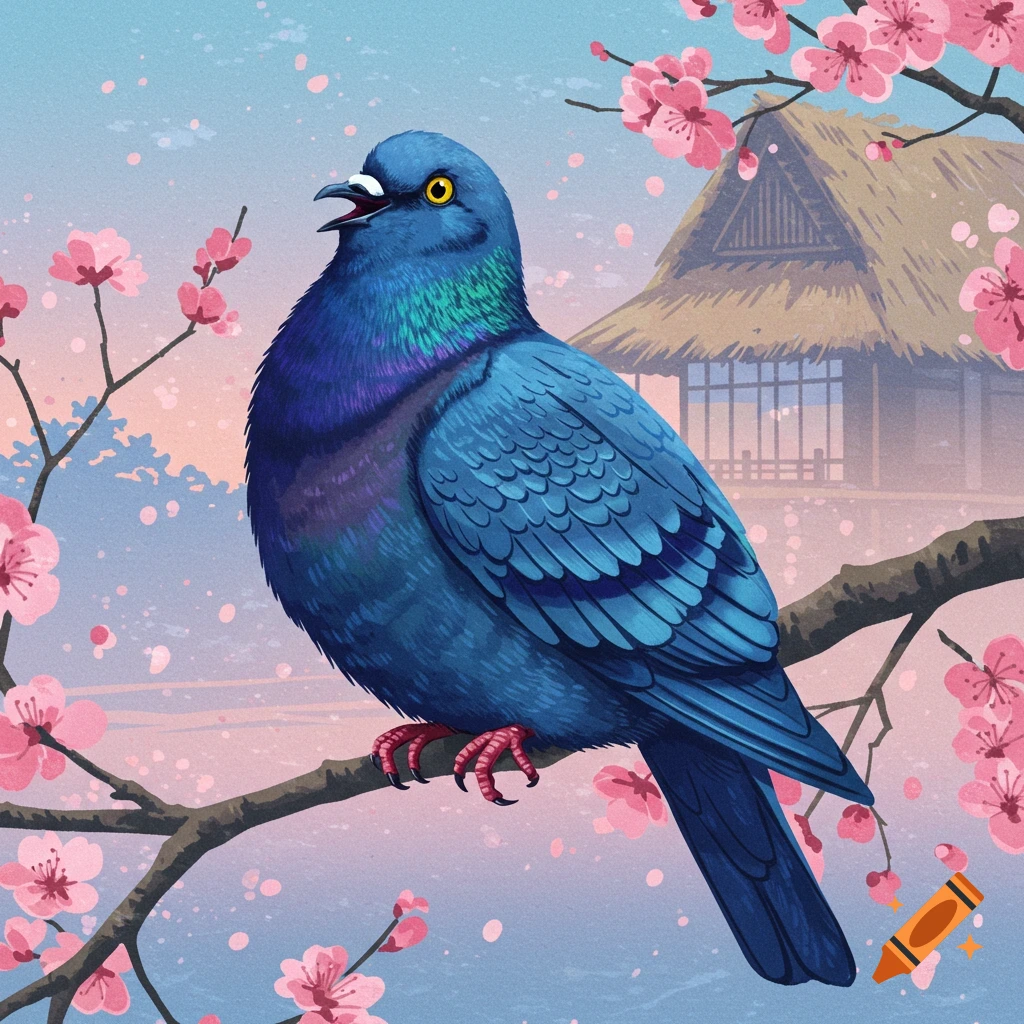 A blue pigeon perches on a cherry blossom branch with a Japanese house in the background, in an illustration.