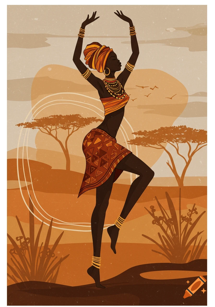 Minimalist illustration of an African woman dancing in a savanna landscape with acacia trees and birds.