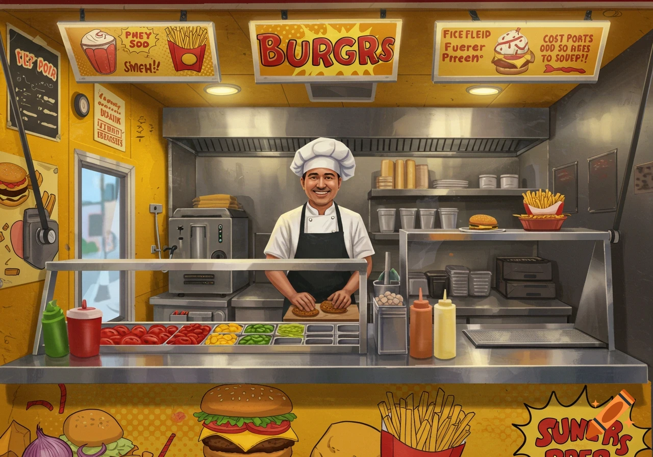 Cartoon image of a chef making a burger in a food truck with signs, fries, and ingredients displayed.