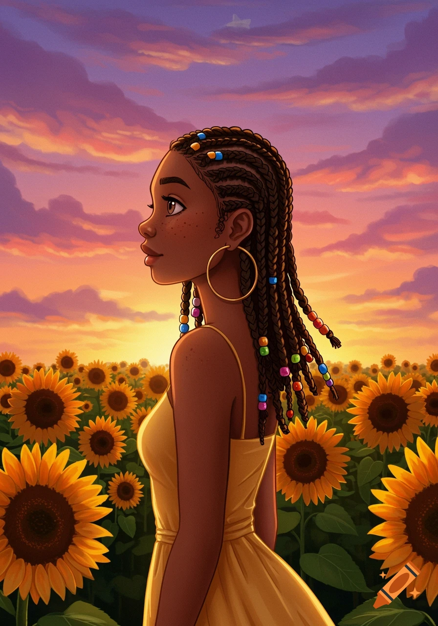 Illustration of a young Black woman in a sunflower field at sunset, with braided hair and beads.