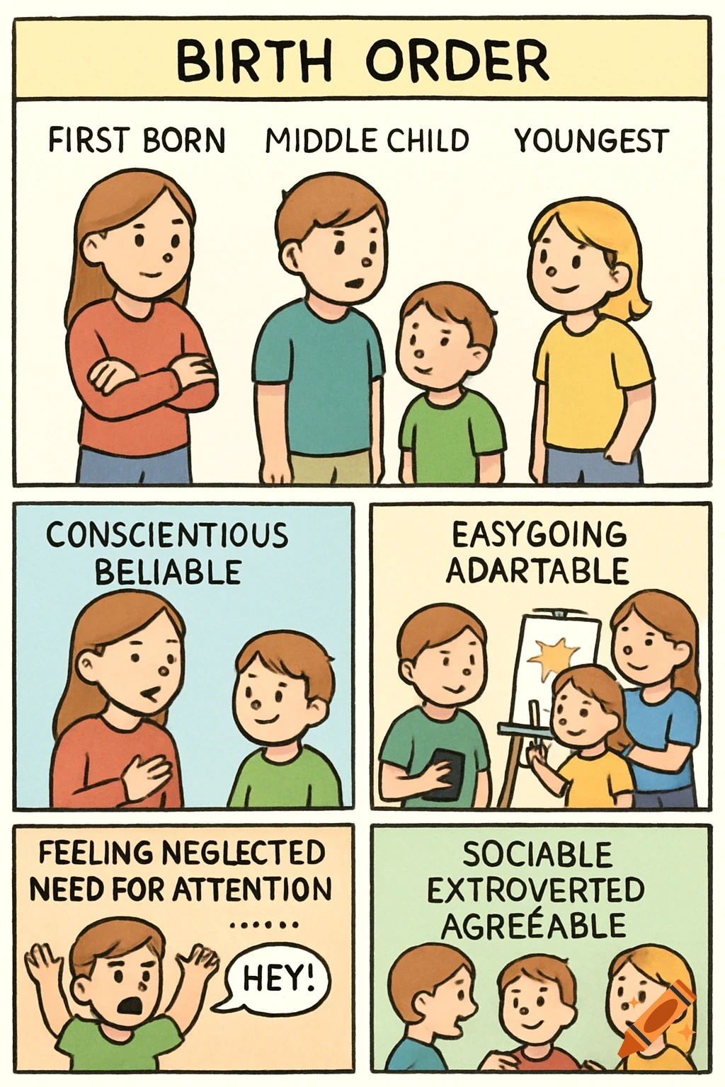 Comic strip illustrating birth order personality traits: firstborn, middle child, and youngest.