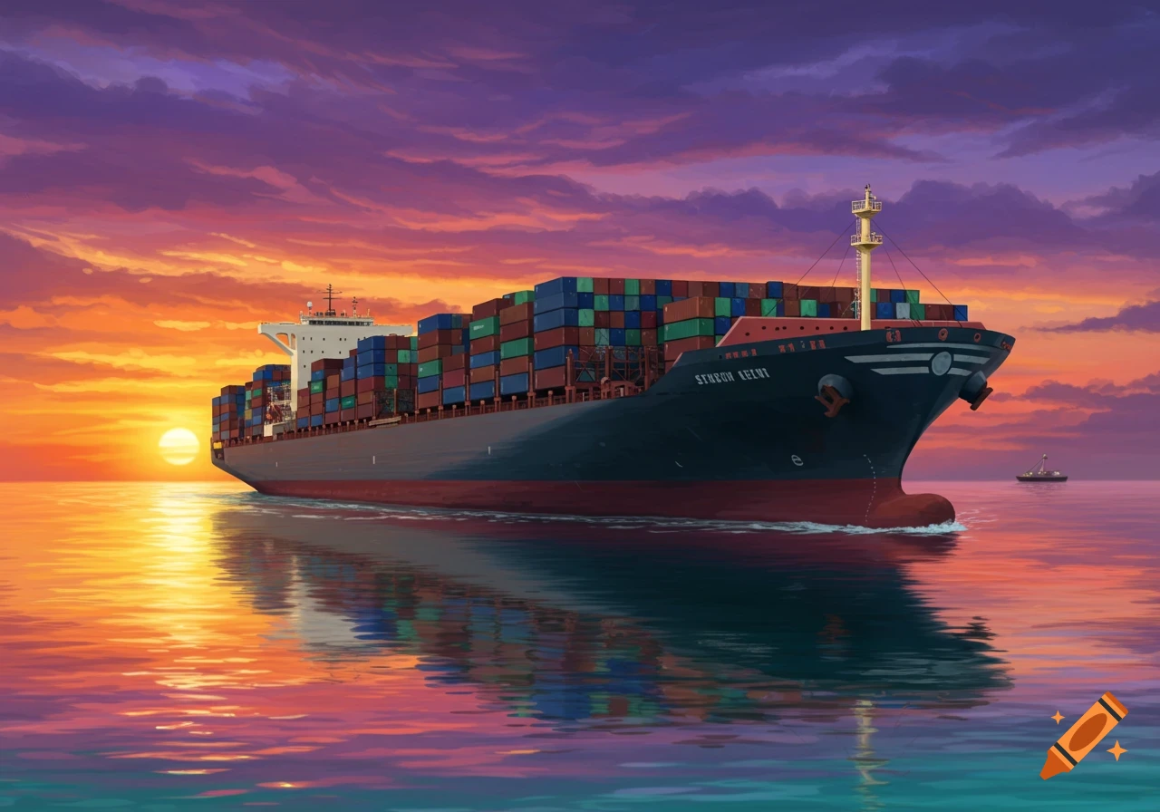 A cargo ship sails on the sea at sunset.