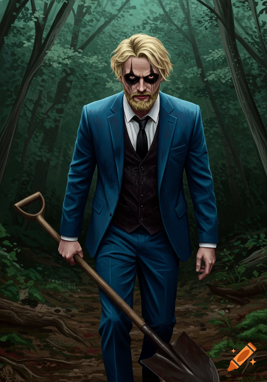 Blonde man in a blue suit with dark eye makeup carries a shovel through a dark forest. Illustration.