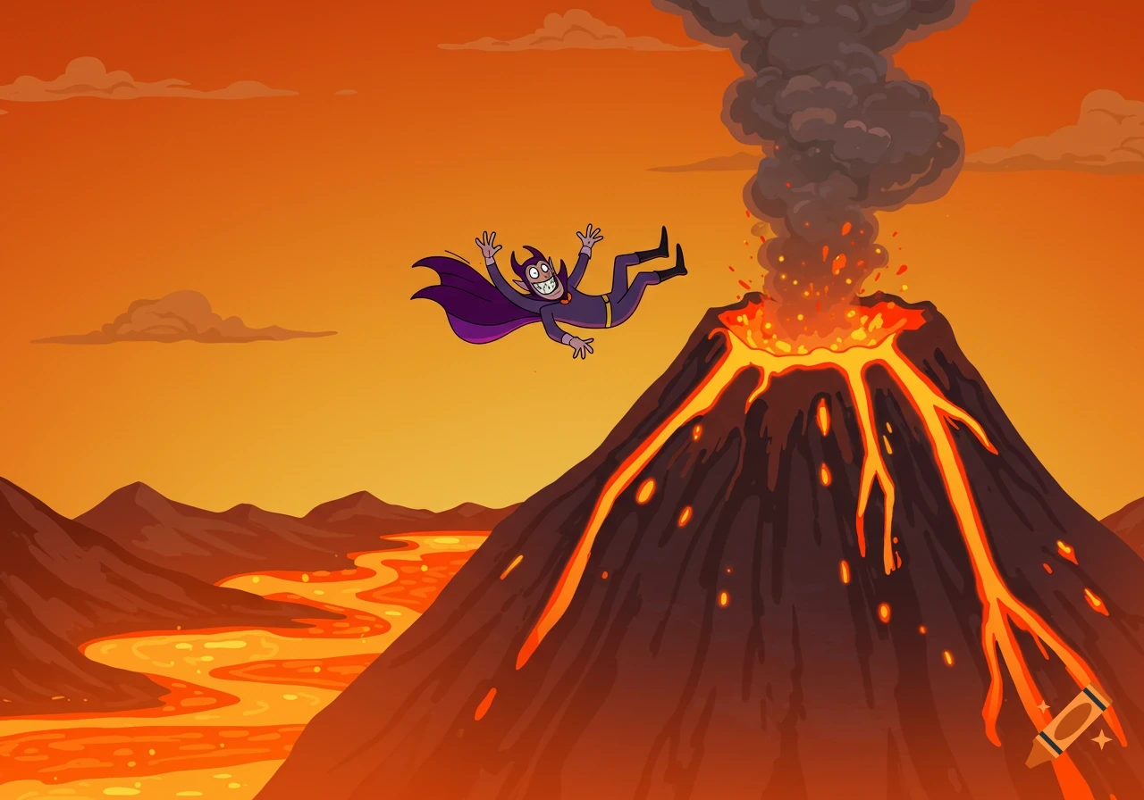 Cartoon villain falling towards a smoking volcano and lava river.
