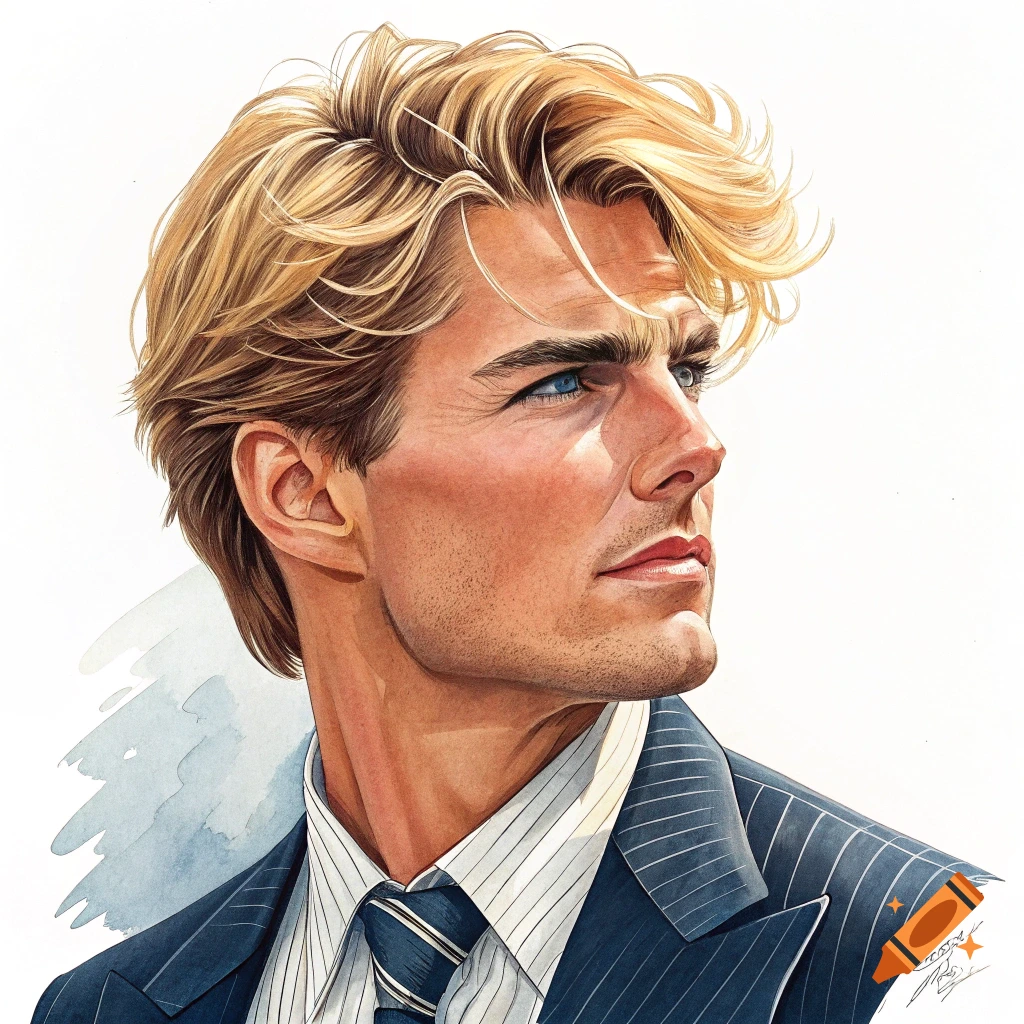 Watercolor portrait of a man resembling Tom Cruise in a pinstripe suit