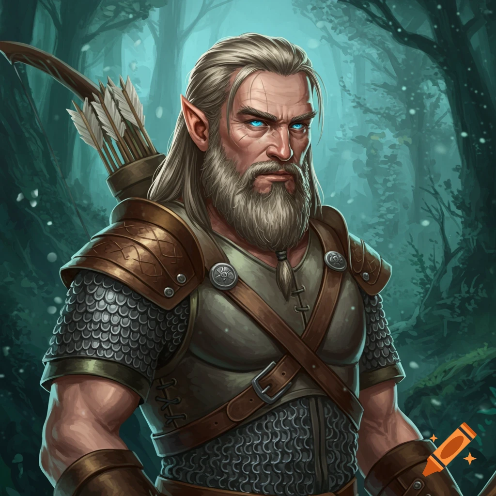 Portrait of an elvish and nordic man with a beard and blue eyes in a forest, wearing armor and carrying a bow.