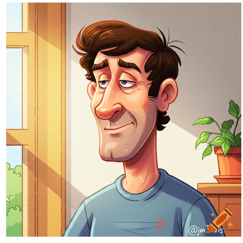 Cartoon portrait of a man looking out a sunny window.