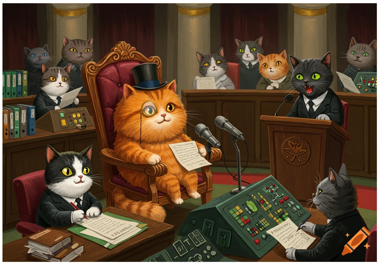 Anthropomorphic cats in suits in a courtroom, with an orange cat in a top hat and monocle speaking.