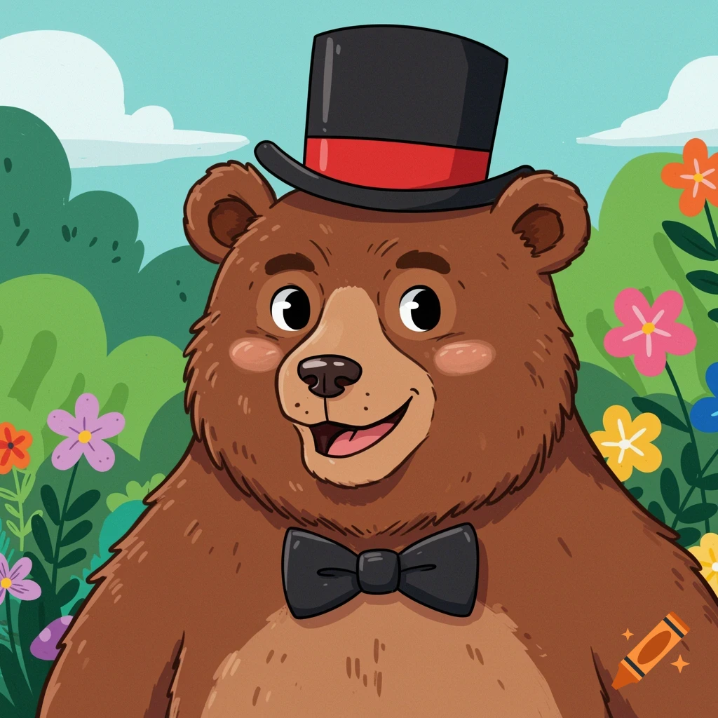 A cartoon bear wearing a top hat and bow tie stands in a garden.