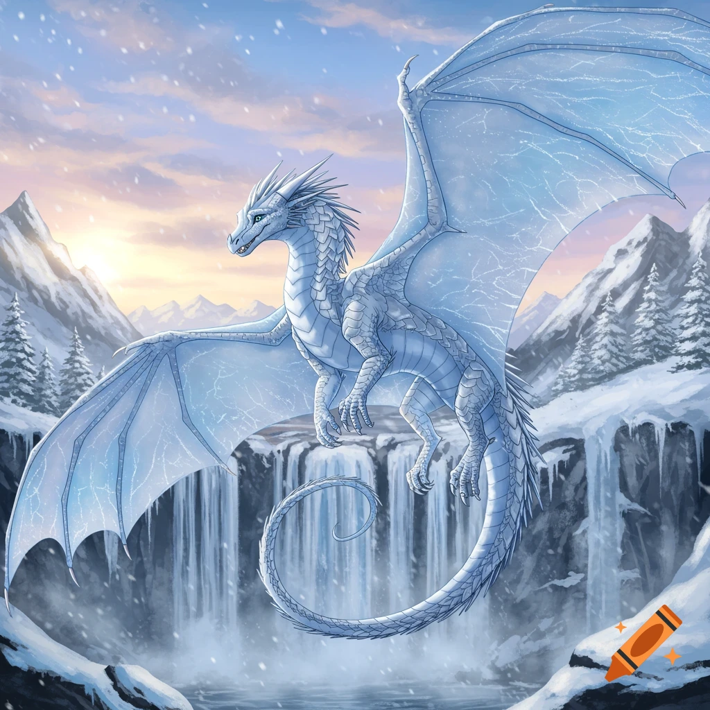 An ice dragon flies over a snowy waterfall in a mountain landscape, digital painting style.