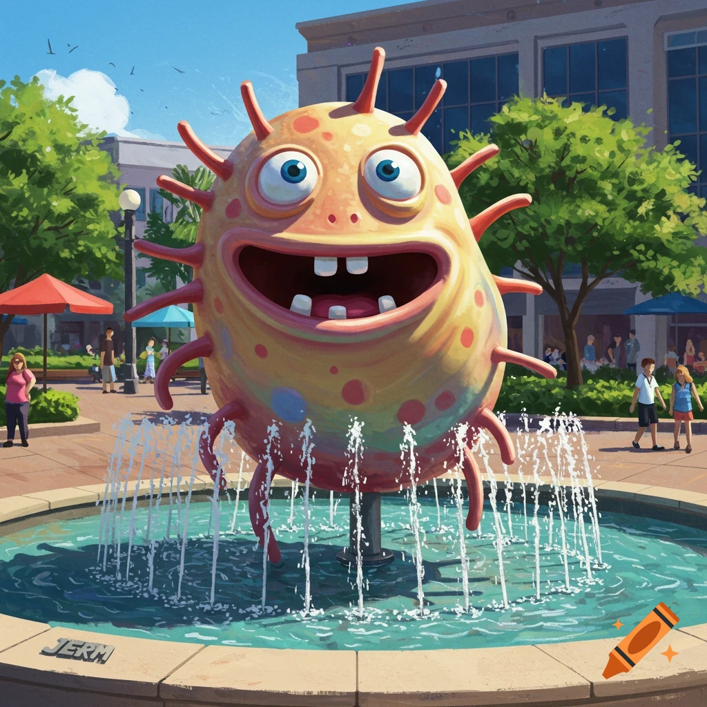 A large, colorful, cartoonish monster statue with a wide grin stands in a fountain.