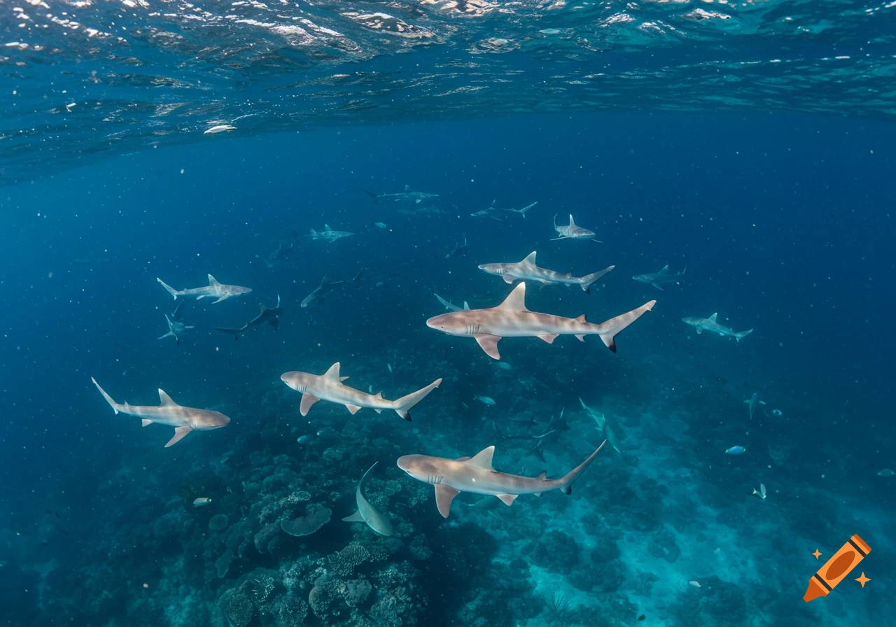 A school of sharks swims underwater above a coral reef.