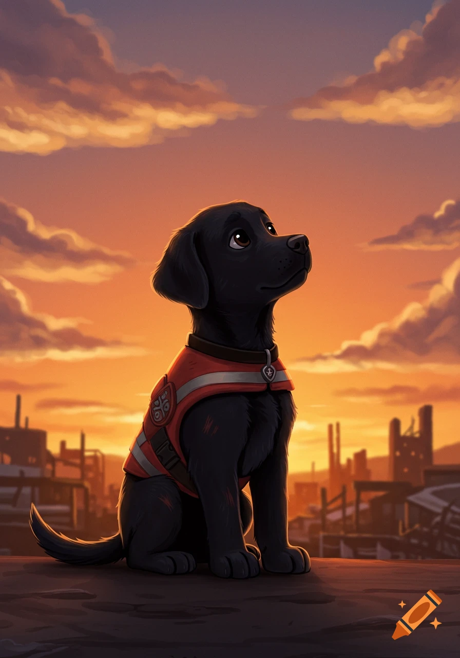 Illustration of a black lab puppy in a red vest sitting at sunset over a ruined town.