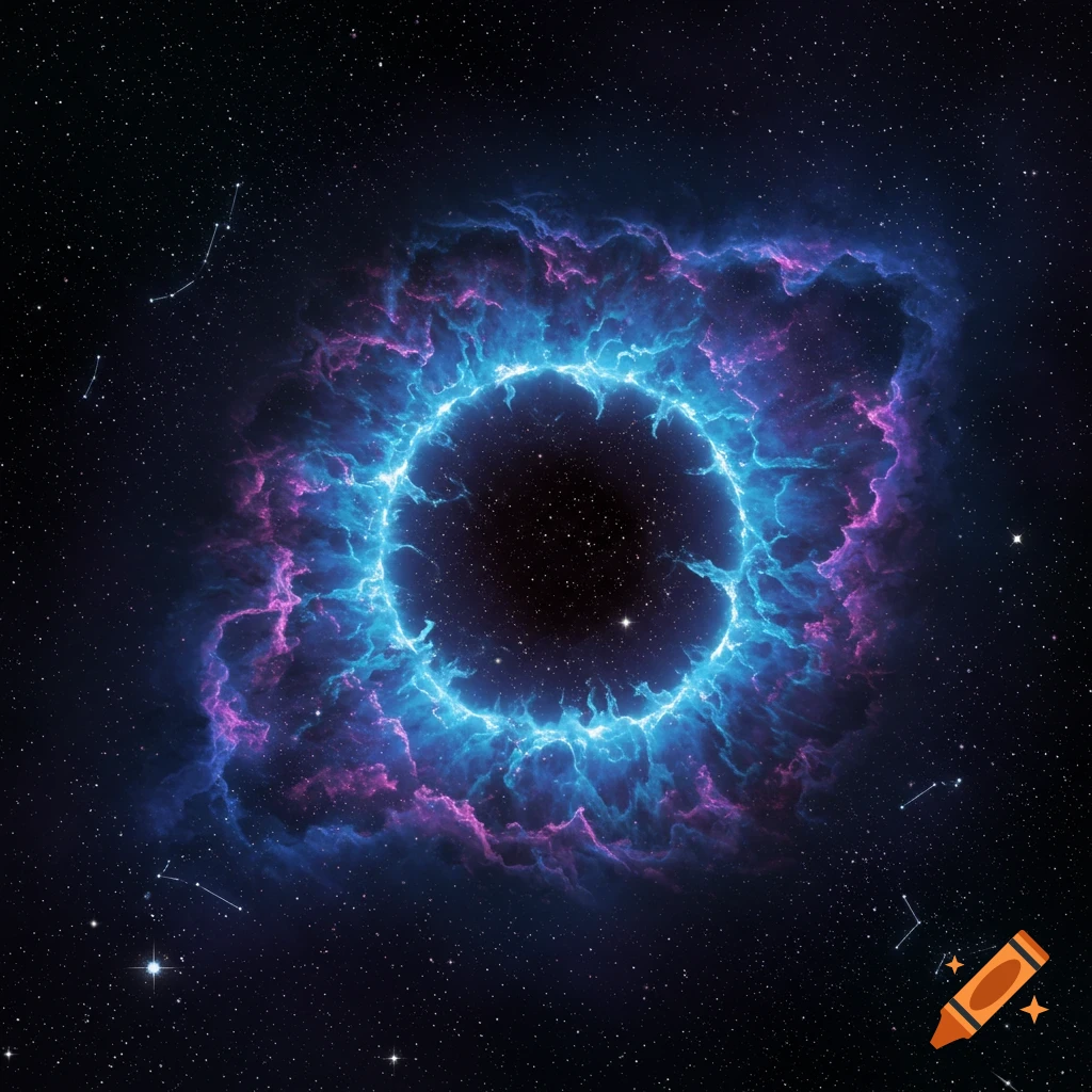 A vibrant blue and pink nebula encircles a dark void in space among scattered stars.