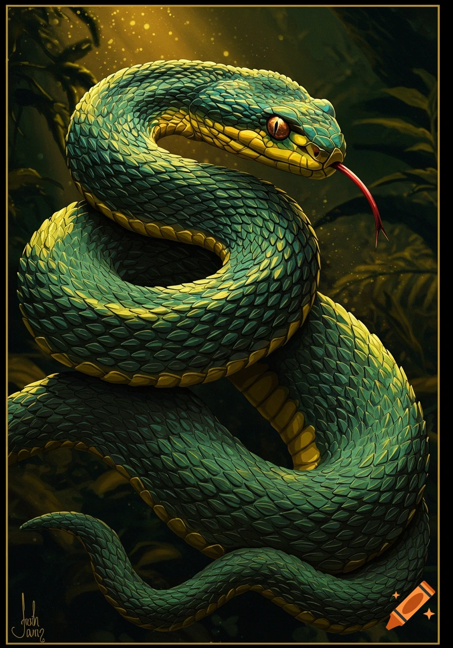 Illustration of a green snake coiled against a dark, leafy background with golden light.
