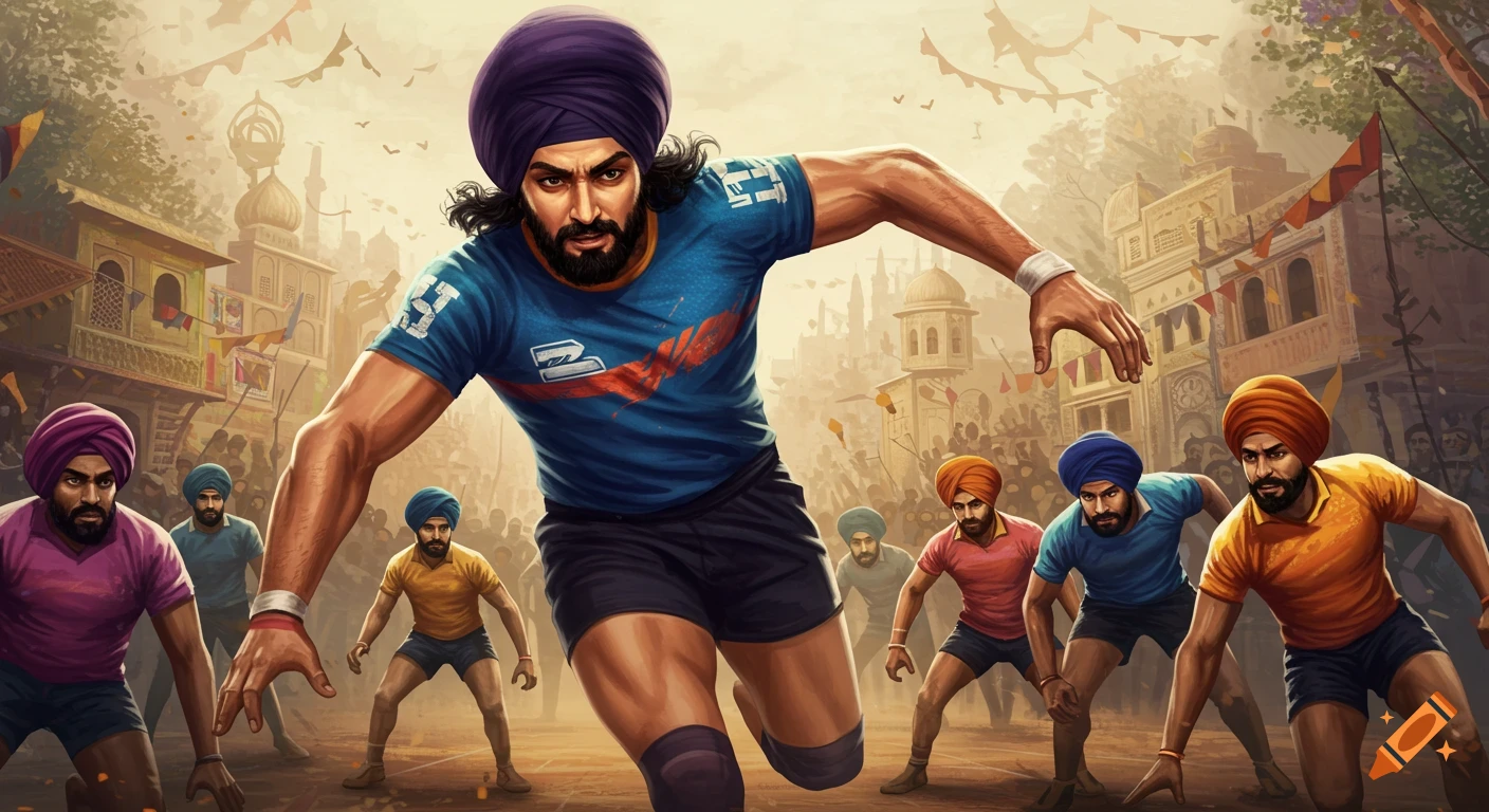 Dynamic illustration of a Punjabi man playing Kabaddi, lunging forward in a crowded village setting.