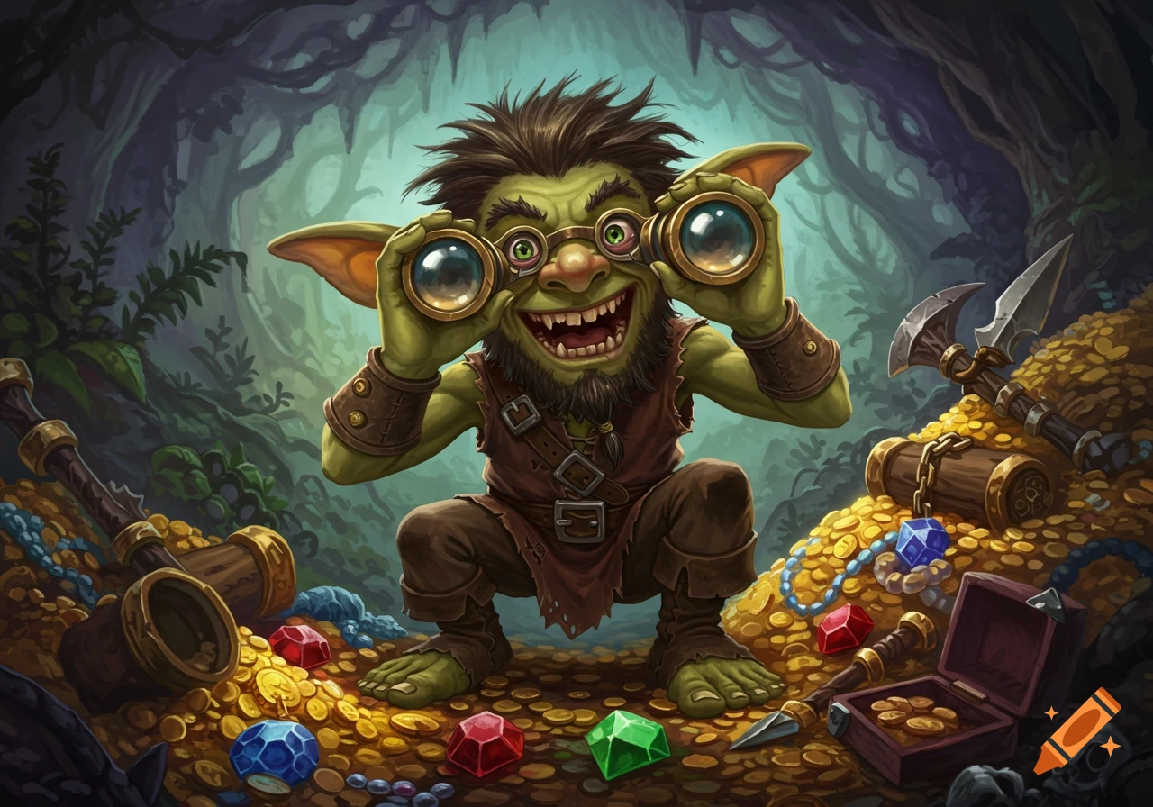 A fantasy illustration of a goblin in a cave looking through binoculars at a pile of gold coins and jewels.