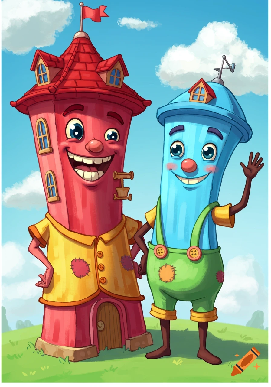 Cartoon illustration of two anthropomorphic tower characters standing together.