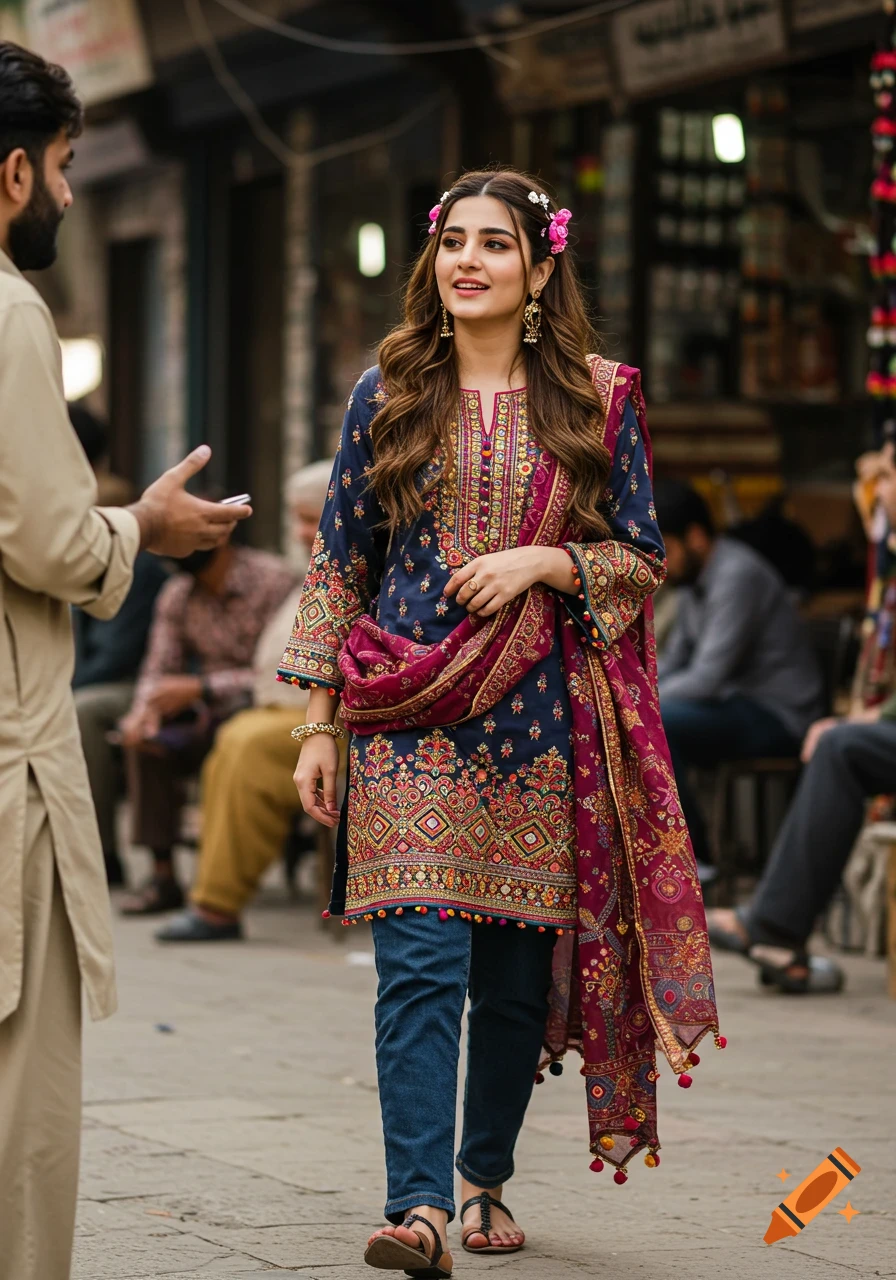 A woman in a blue and pink embroidered traditional dress and jeans walks down a street, smiling.