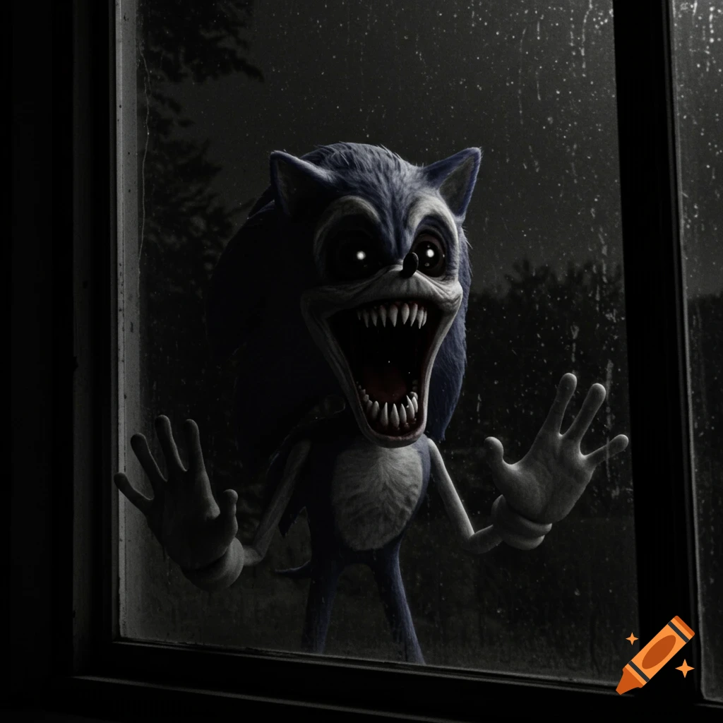 A distorted, gaunt creature resembling Sonic the Hedgehog stares through a rainy window at night.