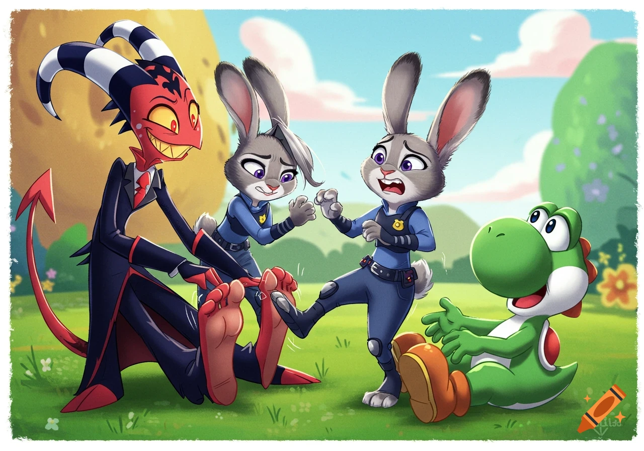 Blitzø tickling Judy Hopps' feet in a cartoon crossover scene with another rabbit and Yoshi.