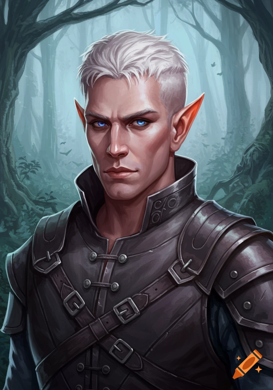 Portrait of a male fantasy character with white hair and blue eyes ...