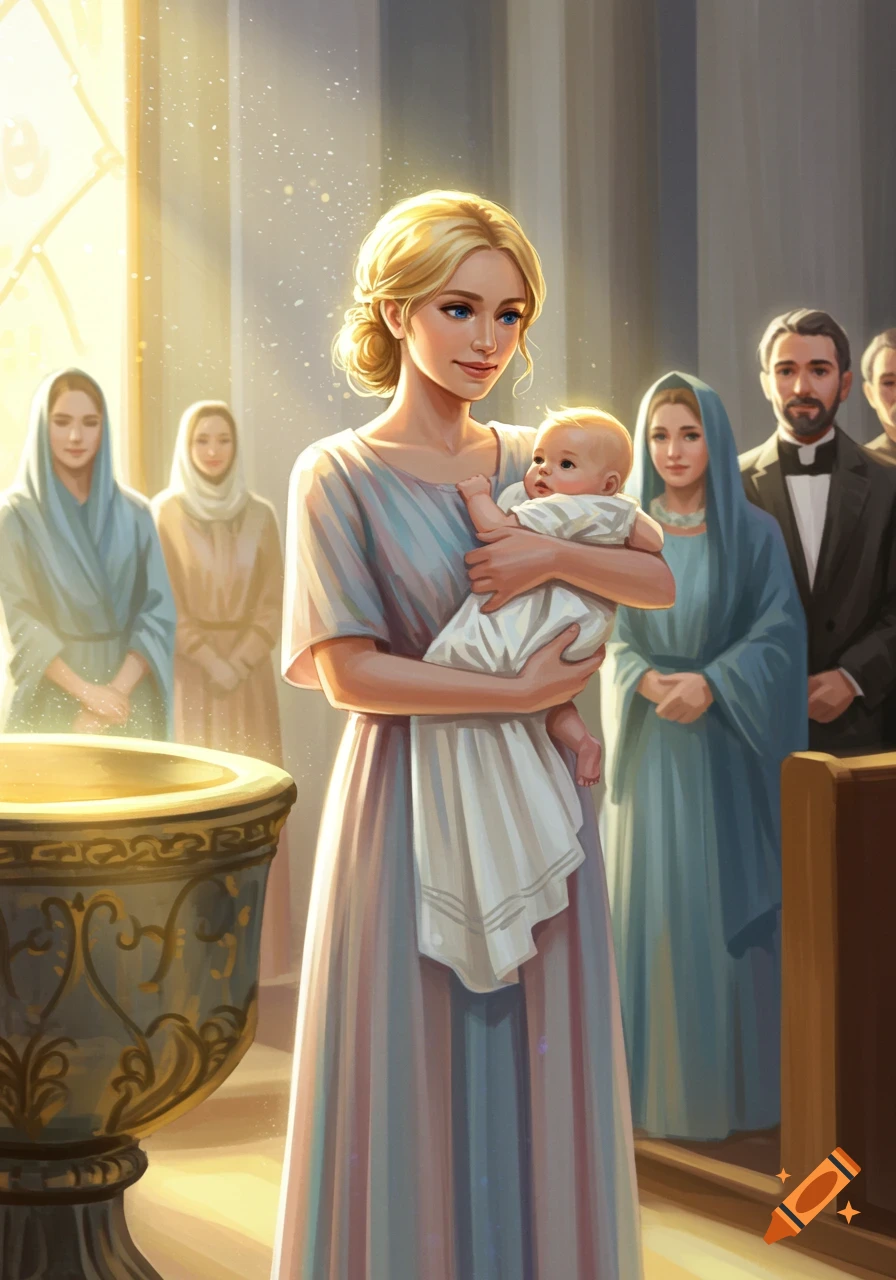 Blond woman holding a baby at a baptism ceremony in a church