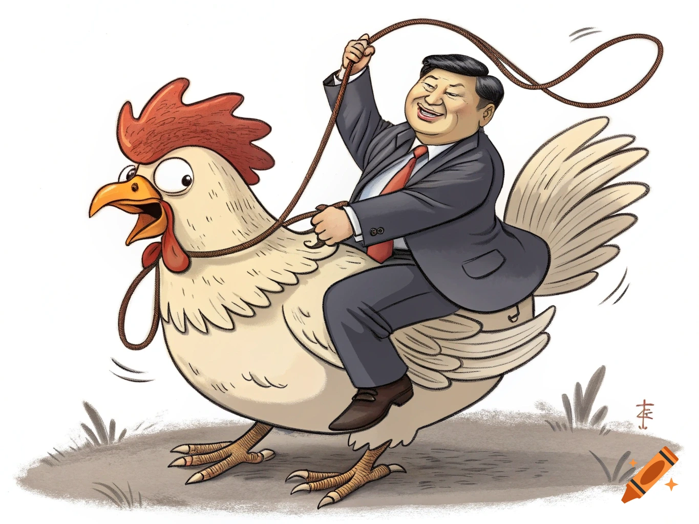 Cartoon caricature of Xi Jinping riding a large chicken holding reins and a whip.