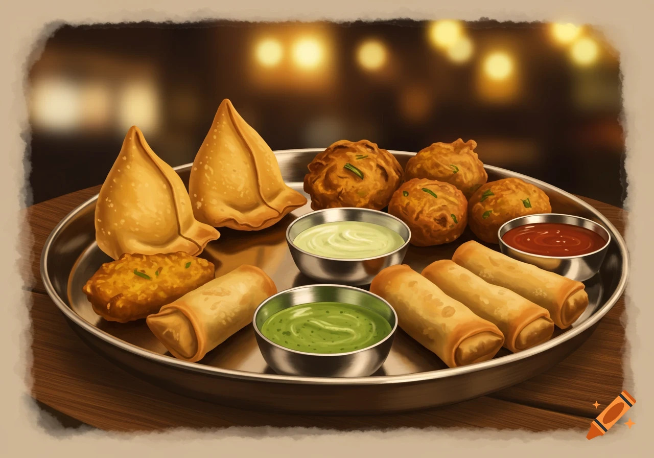 Plate of Indian starters including samosas, pakoras, spring rolls, and dips, digital painting