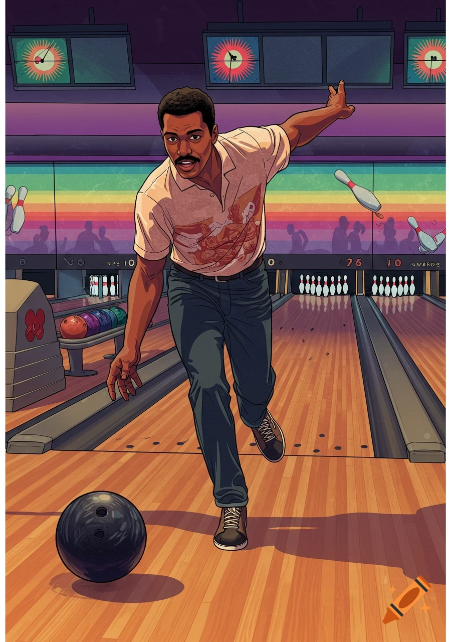 An illustrated man bowling in a retro-style bowling alley.