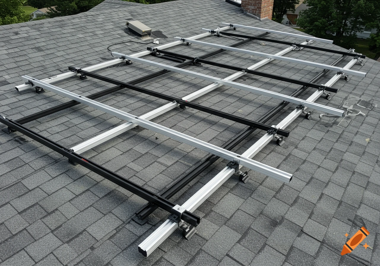 A mounting system for solar panels installed on a gray shingle roof.