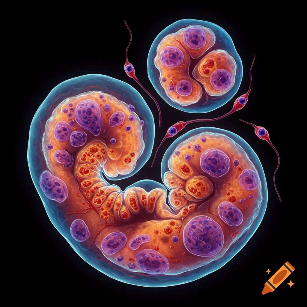 Detailed illustration of biological structures resembling cells or embryos floating in darkness.