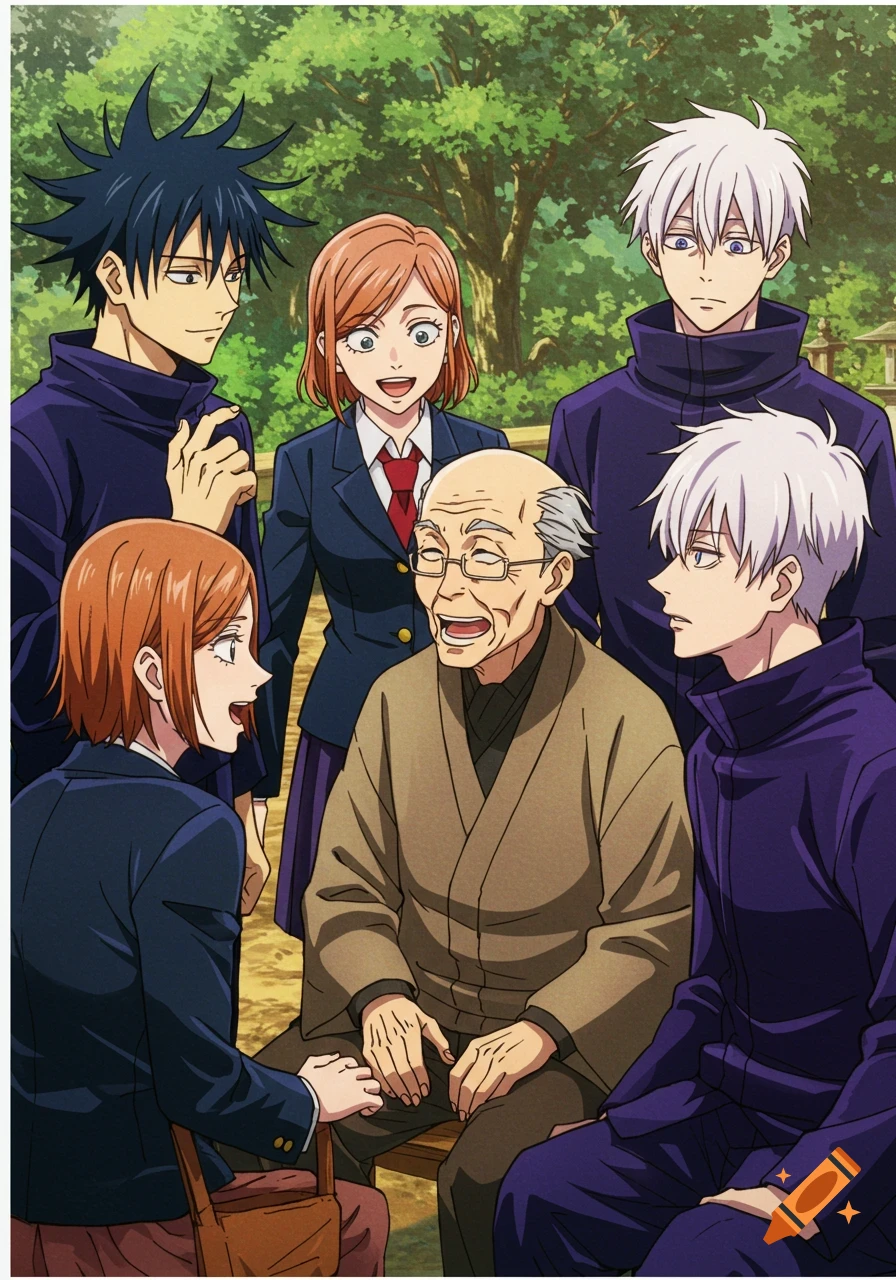 Anime characters talking to an old man in a park setting.
