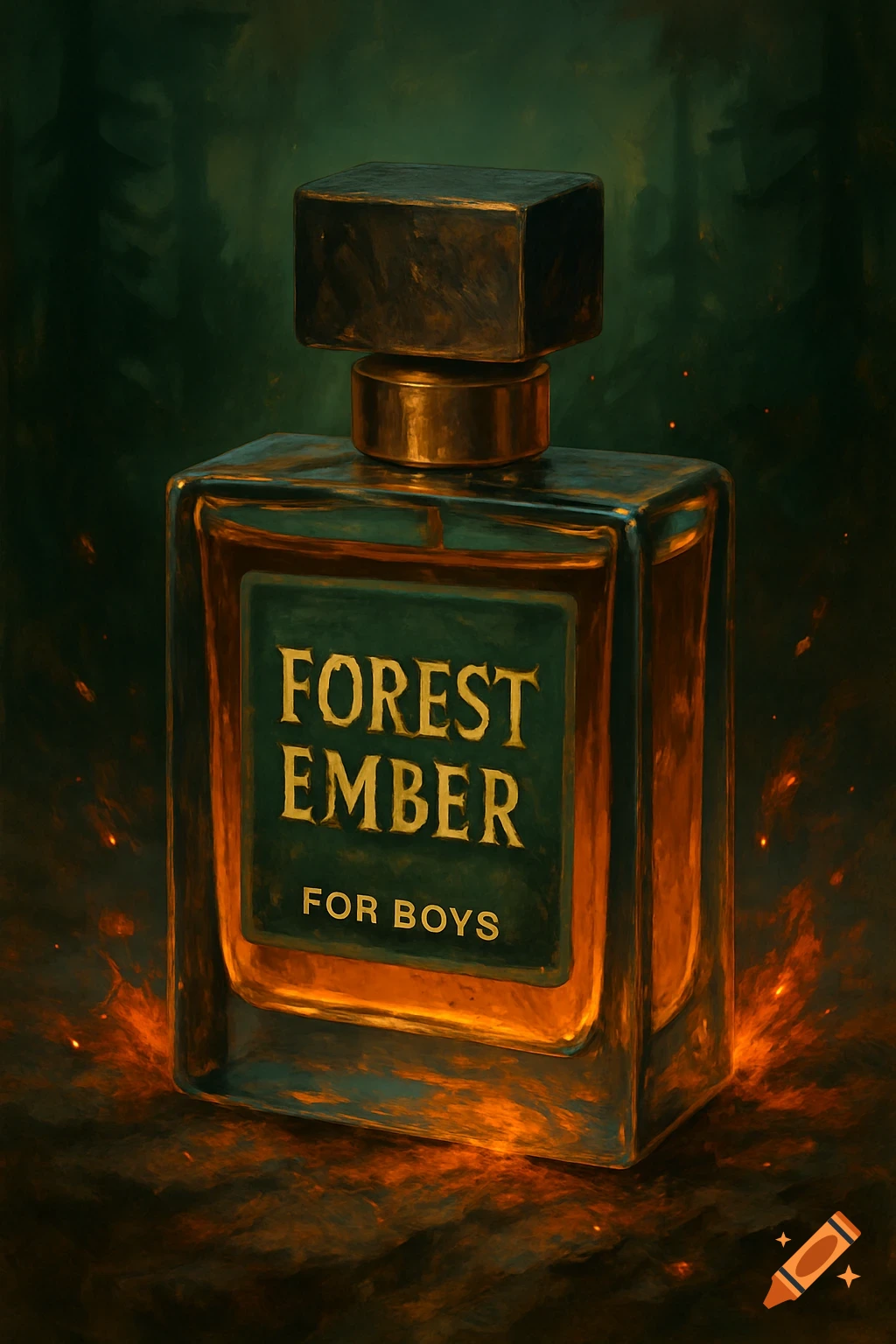 A perfume bottle labeled Forest Ember For Boys sits among fire embers in a dark, painted forest.