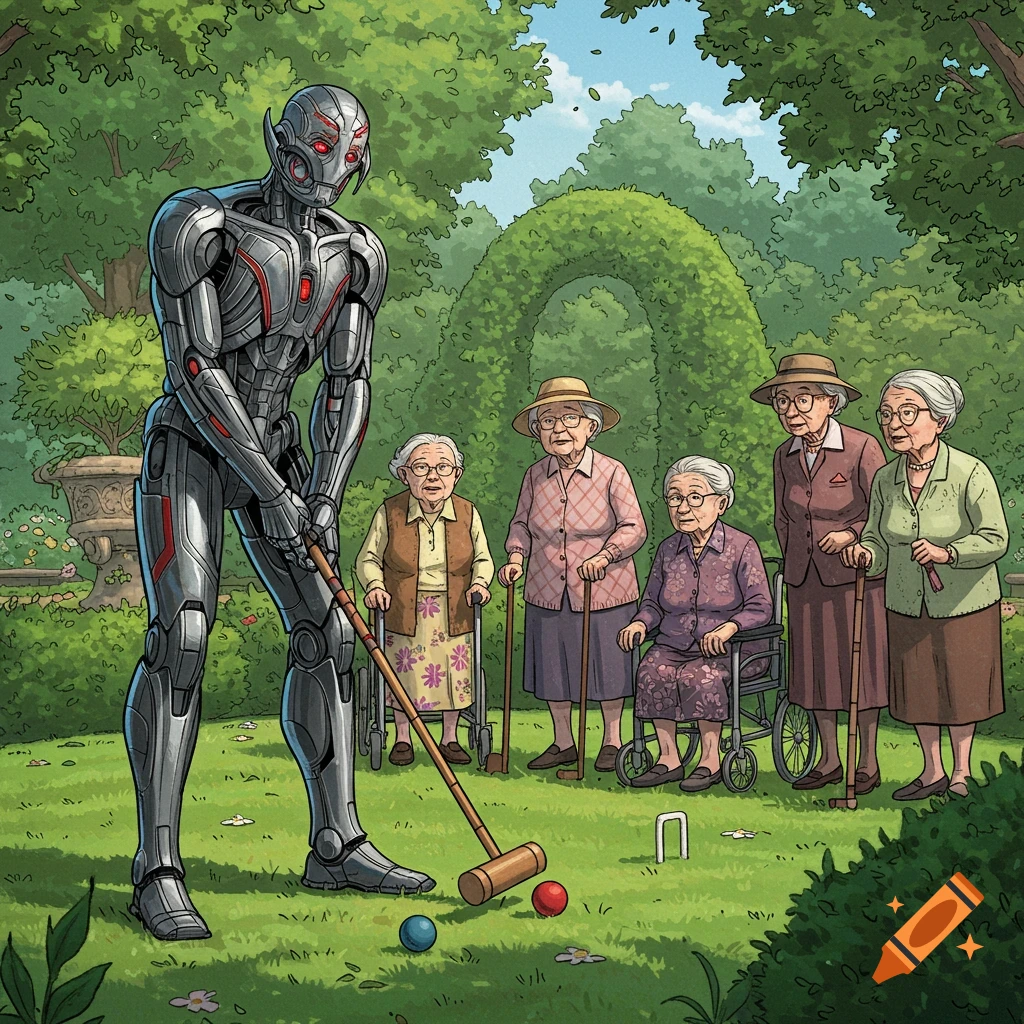 Ultron the robot playing croquet with elderly women in a garden, comic book style.