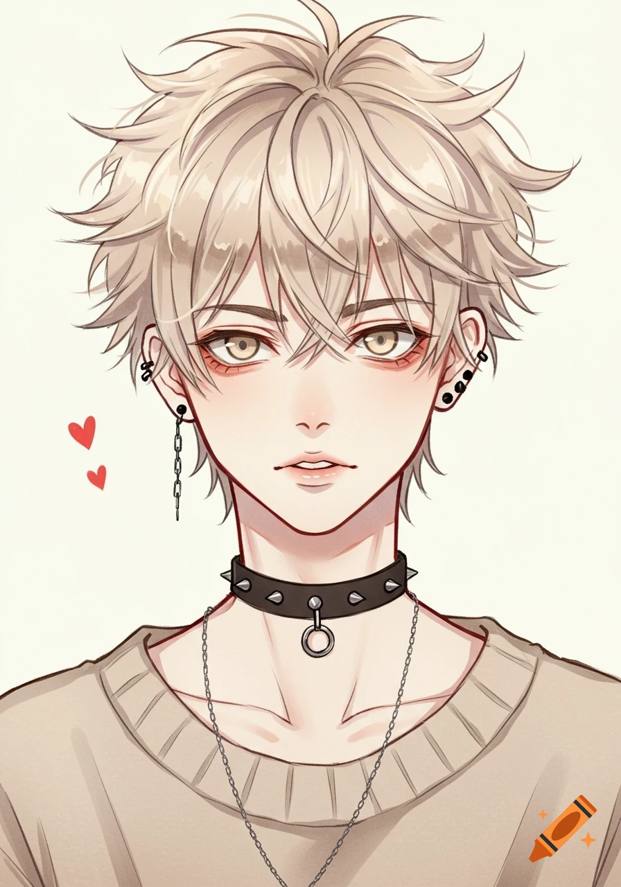 Anime portrait of a blonde boy with messy hair, piercings, and a spiked choker
