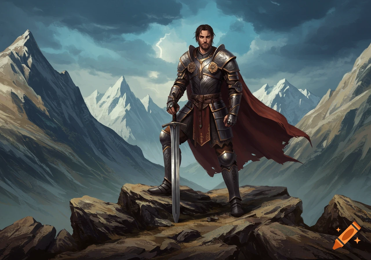 A fully armored knight stands on a rocky knoll with a sword, mountains in the background.
