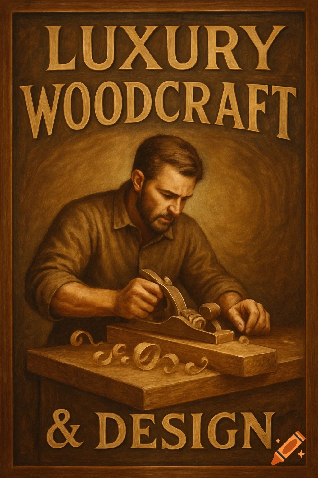 Painterly image of a craftsman planing wood, with text 'Luxury Woodcraft & Design'.