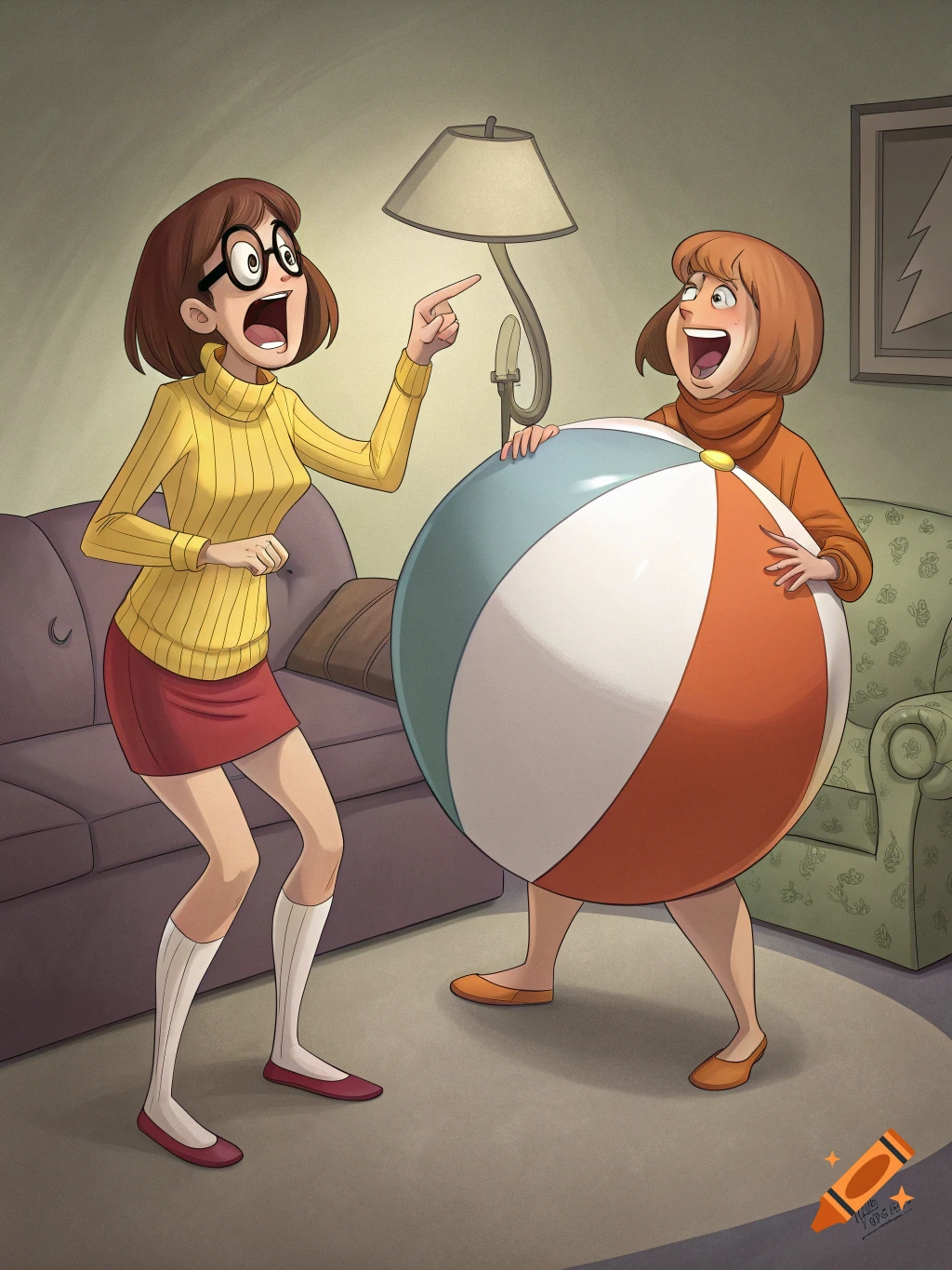 Cartoon of Velma inflated like a beach ball while Daphne points and laughs in a living room.