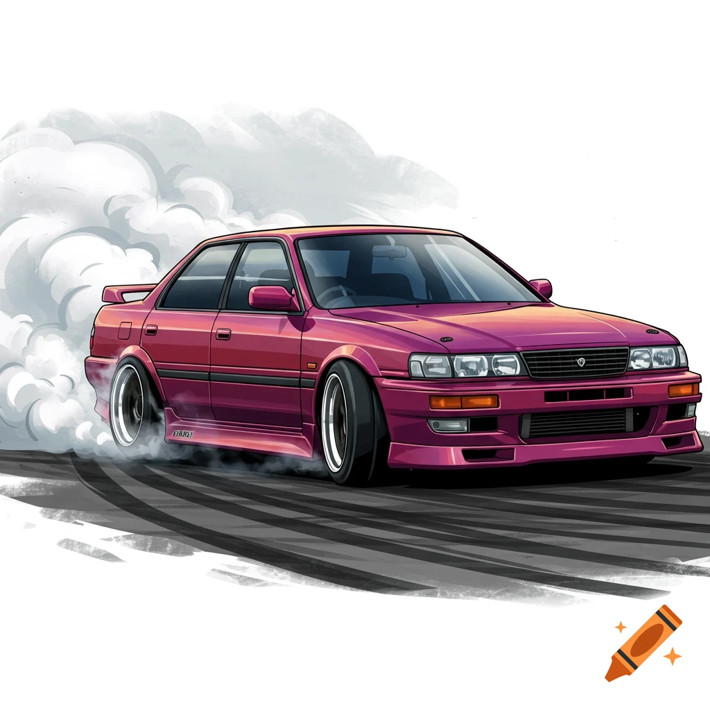 Pink car drifting and doing a burnout, illustration style