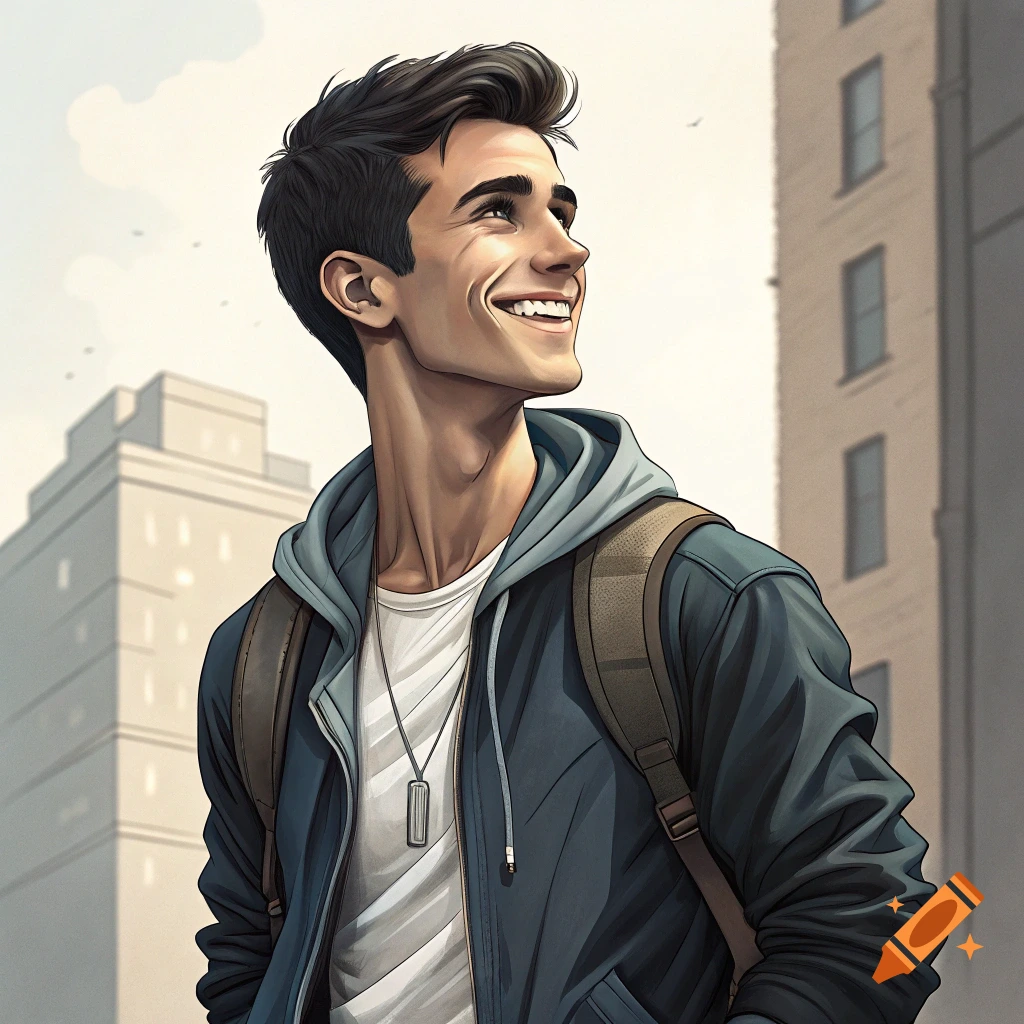Stylized illustration of a young man with a backpack smiling in a city.